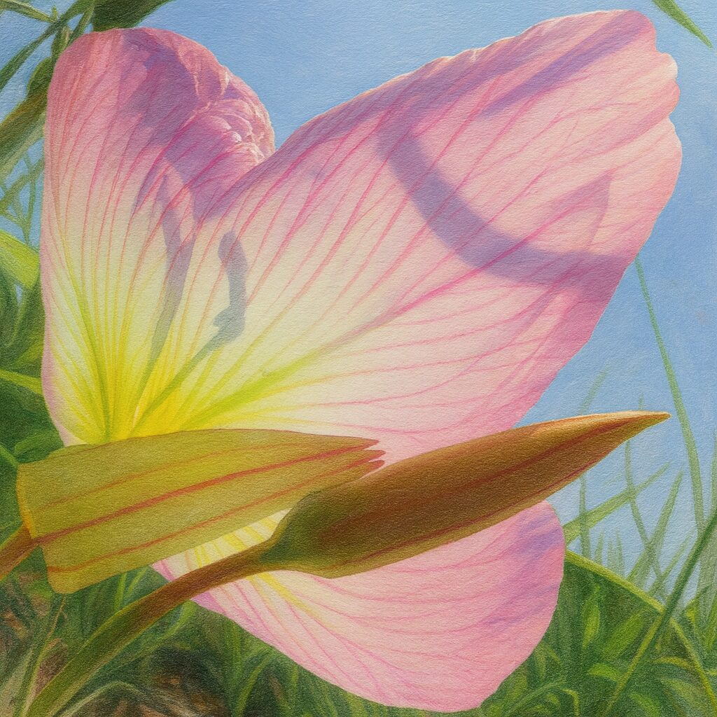 青空を背景に光を透かすヒルザキツキミソウの花びらを描いたイラスト