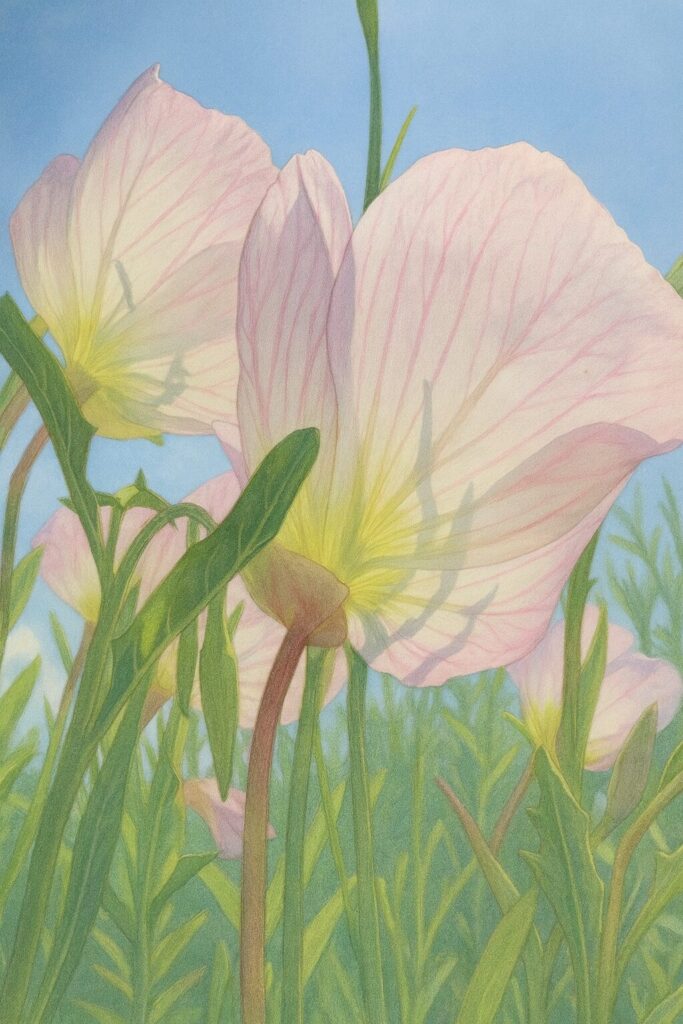 逆光に照らされた2輪のヒルザキツキミソウを下から見上げる構図のイラスト