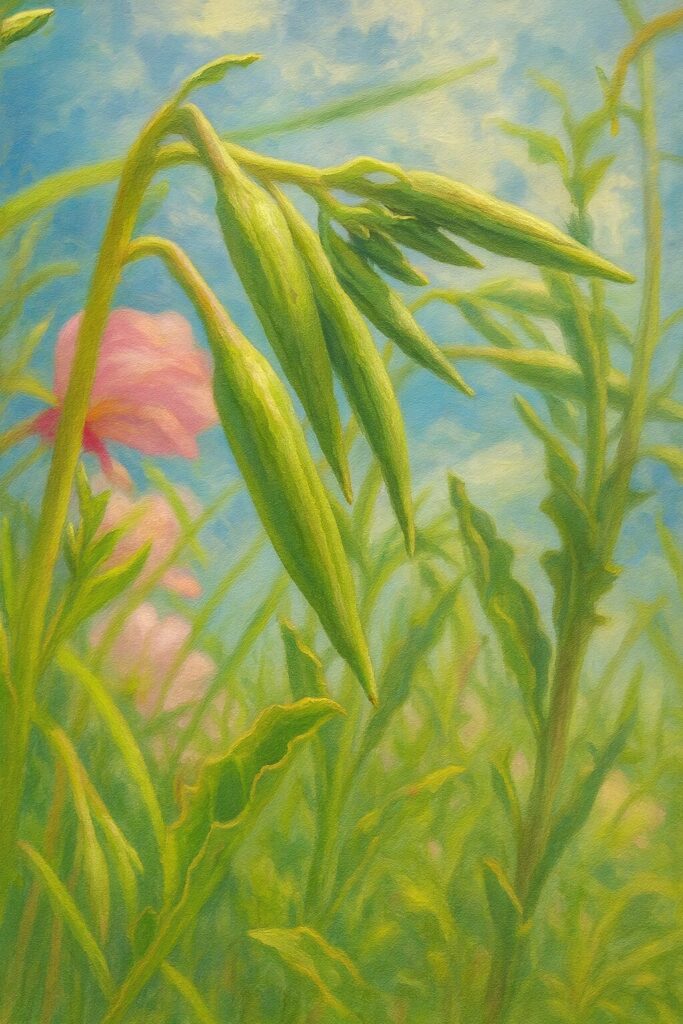 青空と緑の草原に映えるヒルザキツキミソウのつぼみ群を描いたイラスト