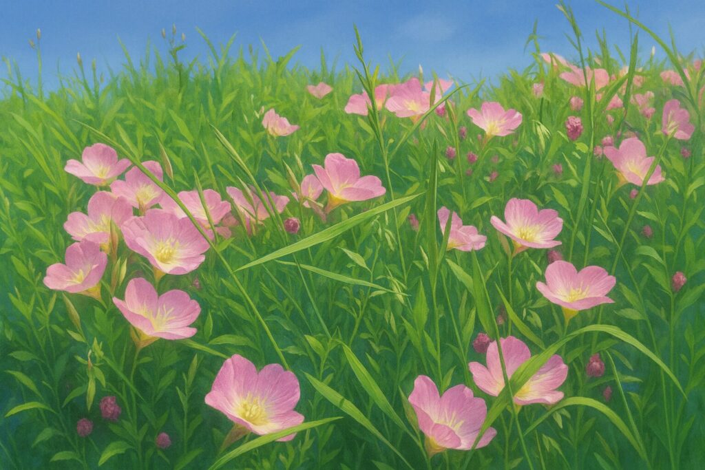 草原一面に咲くヒルザキツキミソウの群生を描いたリアル植物イラスト