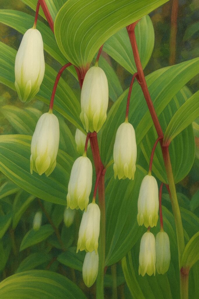 アマドコロの花が葉の陰から顔を出す構図の植物画