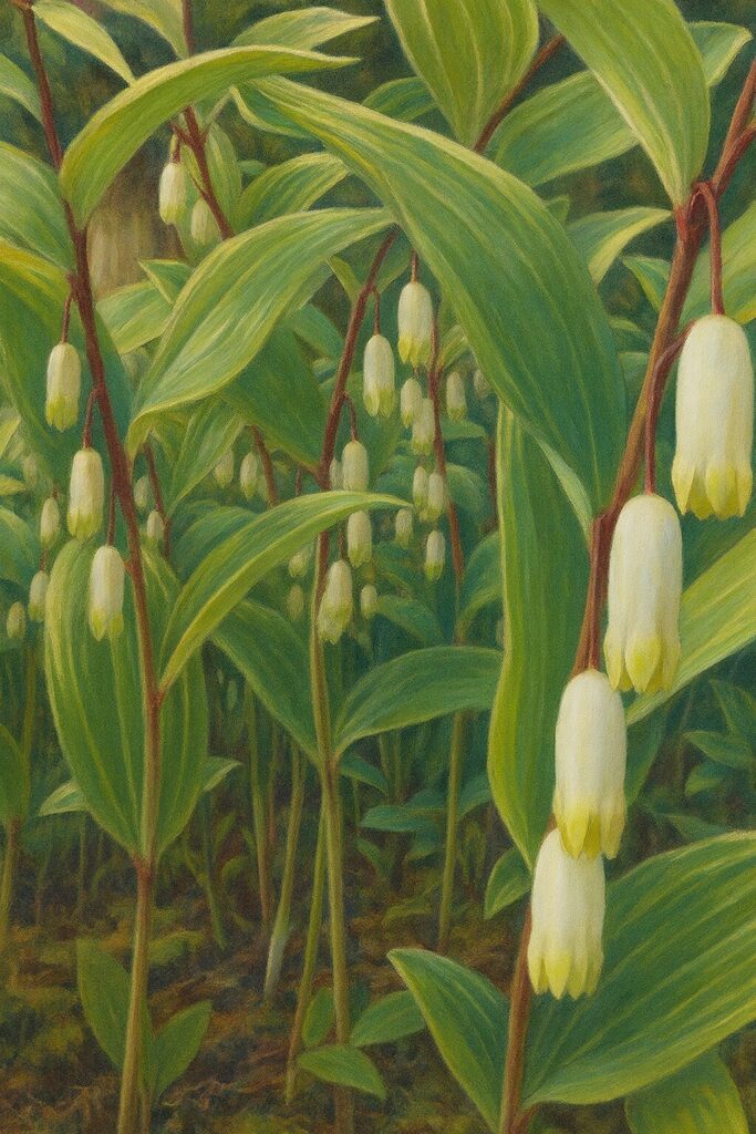 群生したアマドコロが一面に広がる風景イラスト