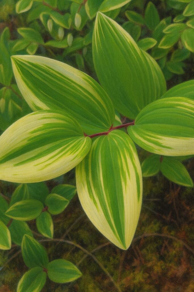 白斑が入ったアマドコロの葉の美しさを描いた細密画