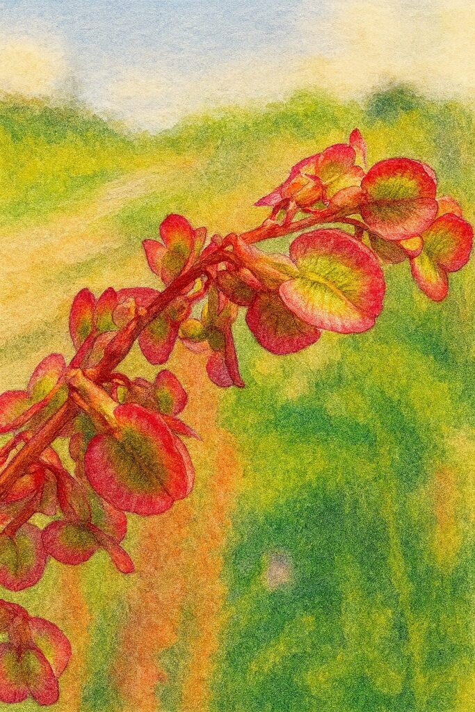 青空を背景に赤く色づいたスイバの花序を描いた植物画イラスト