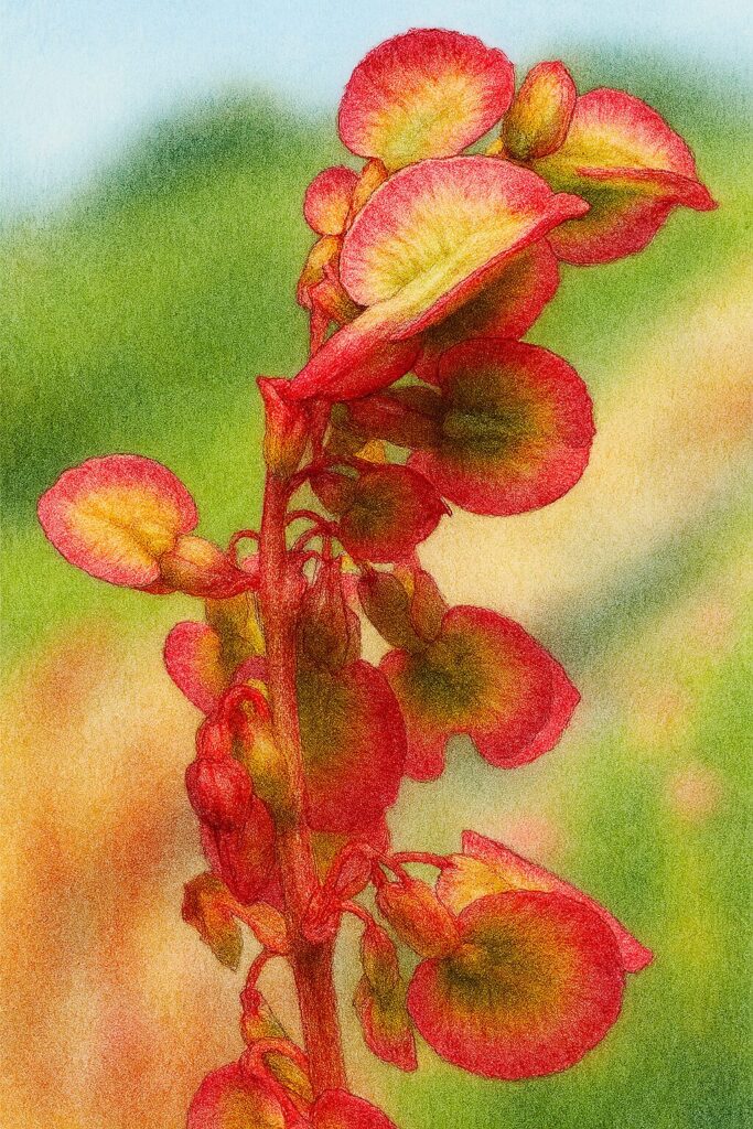 赤みを帯びた花が密集して咲くスイバの花序を精密に描いたイラスト