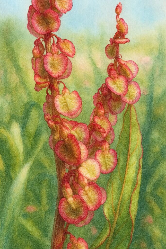 緑と赤の花が混在するスイバの花序と葉を描いたリアルなイラスト