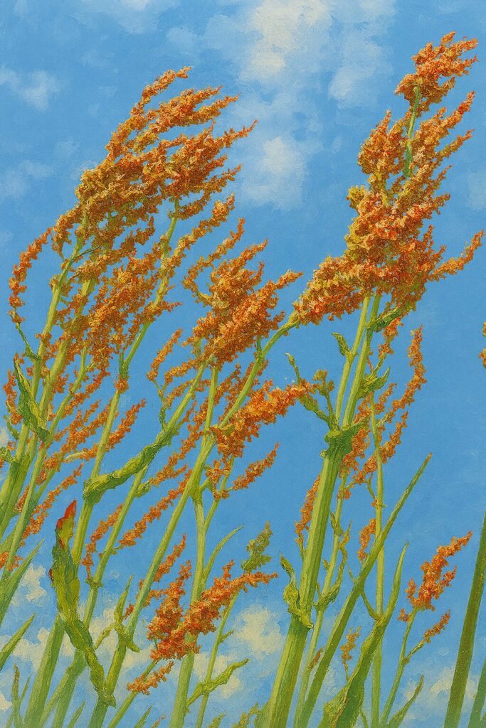 晴天の空に向かって伸びる赤いスイバの花穂を描いた植物画