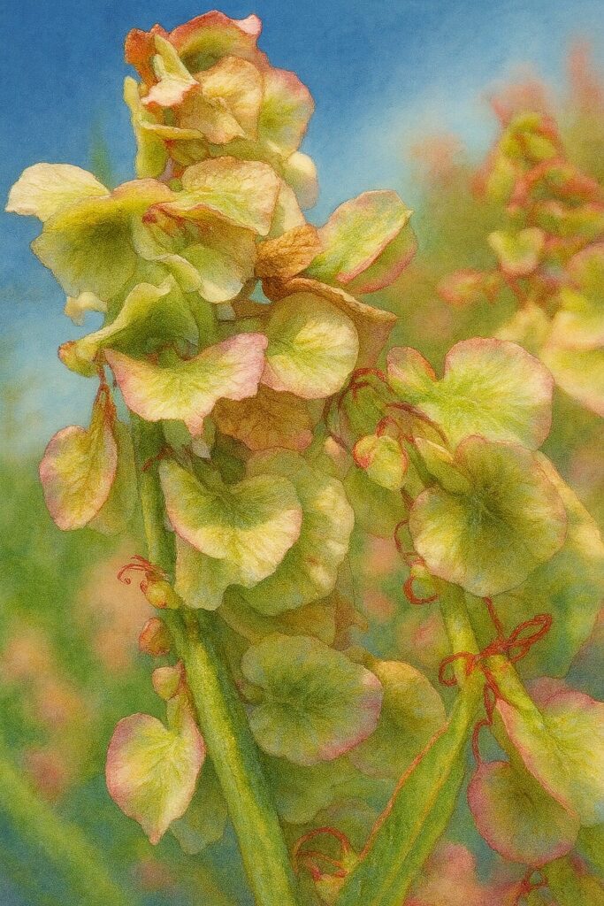 淡い緑色のスイバの花序を詳細に描いた植物イラスト