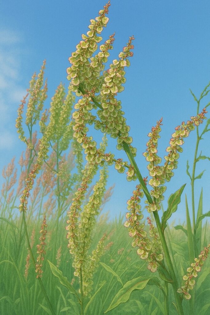 草原で群生する淡緑色のスイバの花序を描いたリアルイラスト