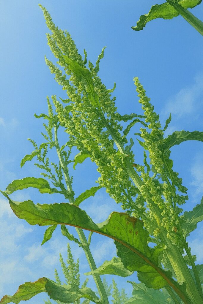 草丈の高いスイバの茎と緑色の花序を見上げる構図で描いた植物イラスト