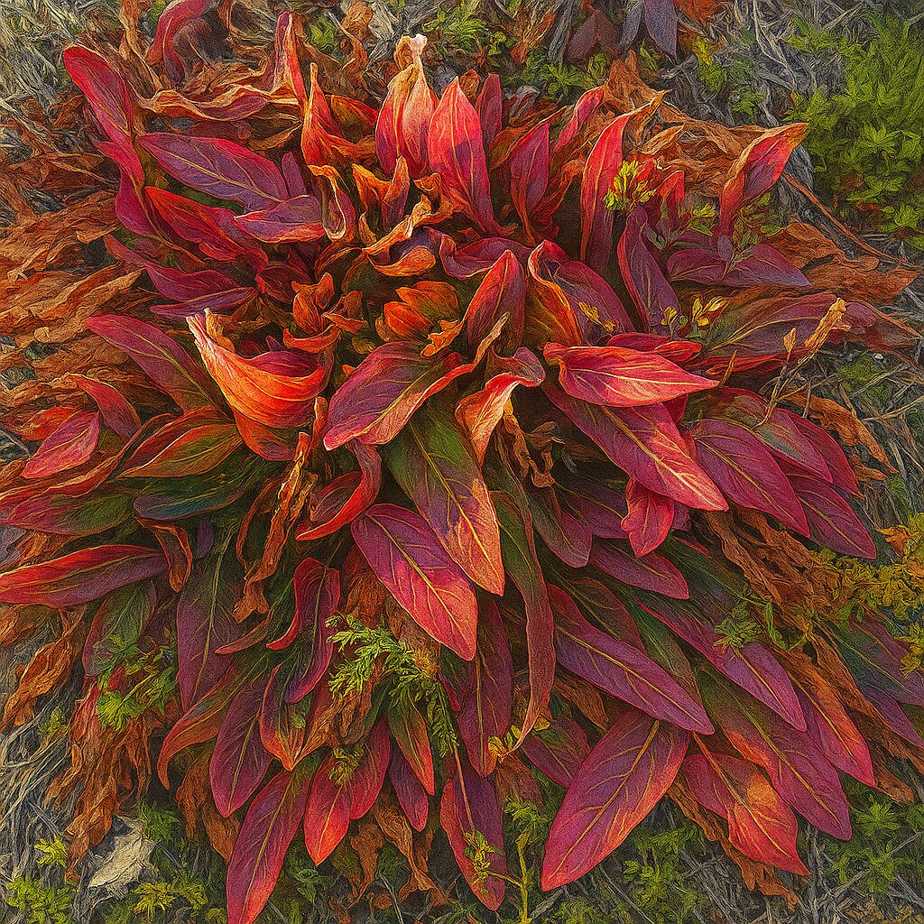 赤く紅葉したスイバの葉が地面に広がる様子を描いた植物画イラスト