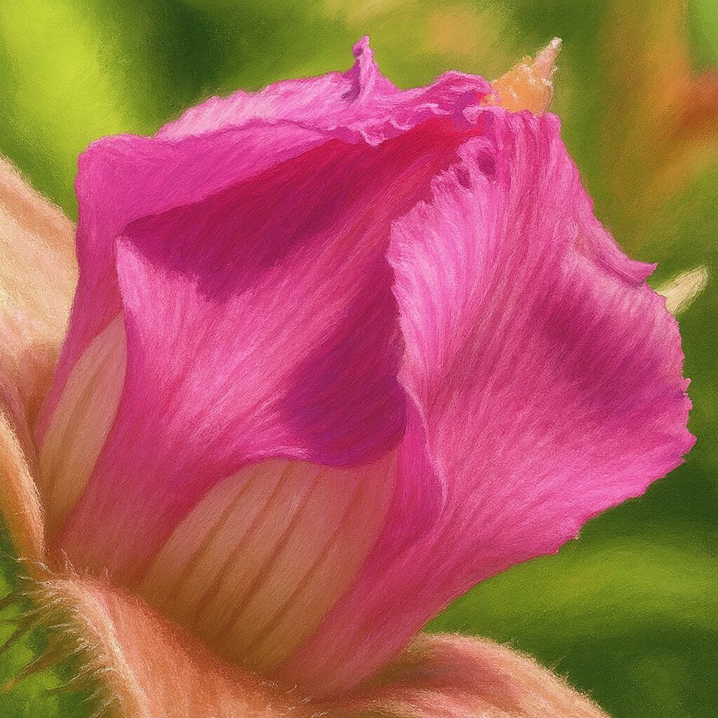 ナワシロイチゴのピンク色のつぼみを描いたリアルな植物イラスト