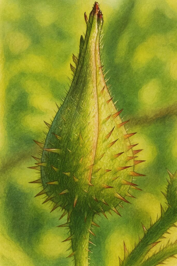 ナワシロイチゴのとげのある若いつぼみを描いた精密なイラスト