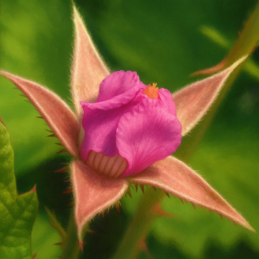 ナワシロイチゴの半開きの花とがく片を描いた植物画