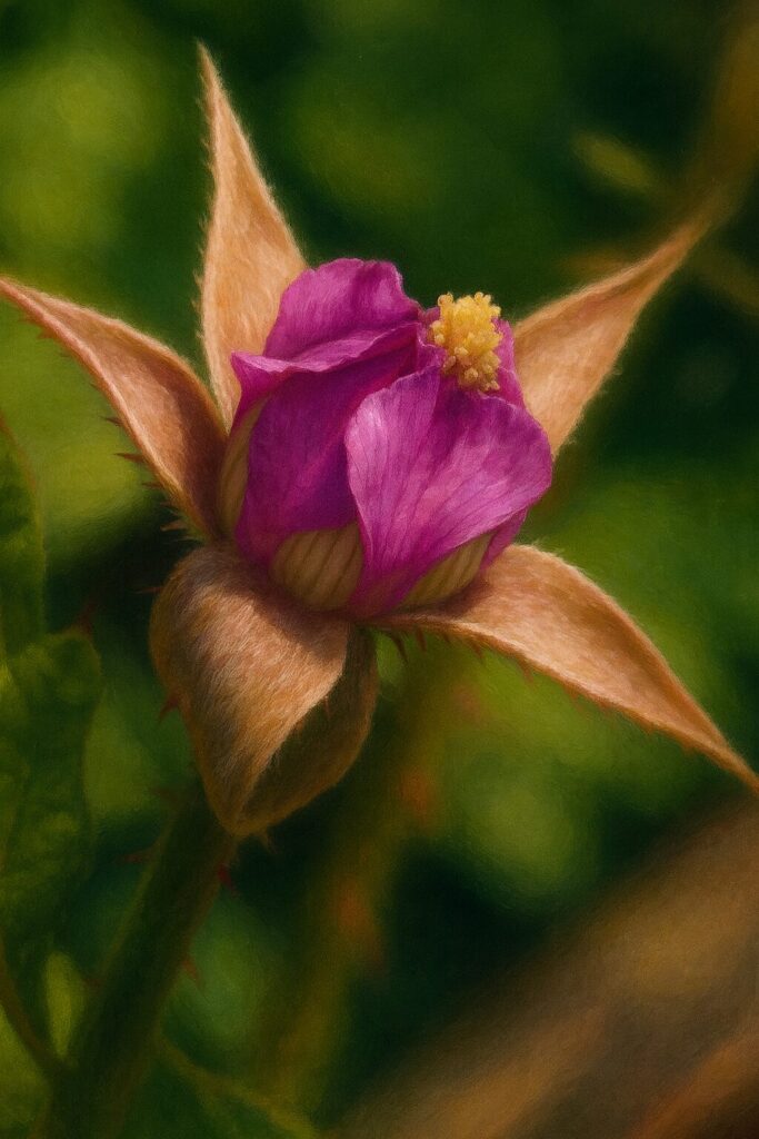 ナワシロイチゴの咲き進んだ花を横から描いた精密植物イラスト