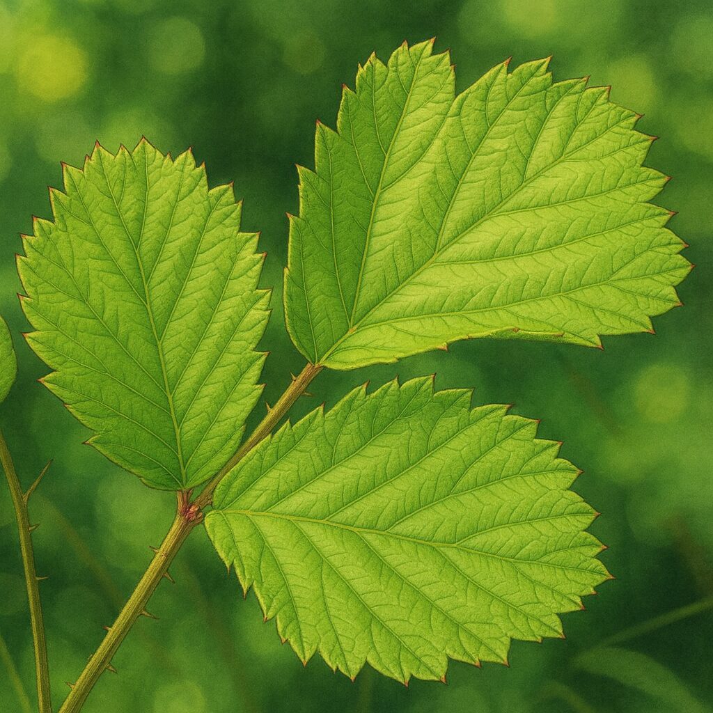 ナワシロイチゴの鋸歯状の葉を描いた緻密な植物イラスト