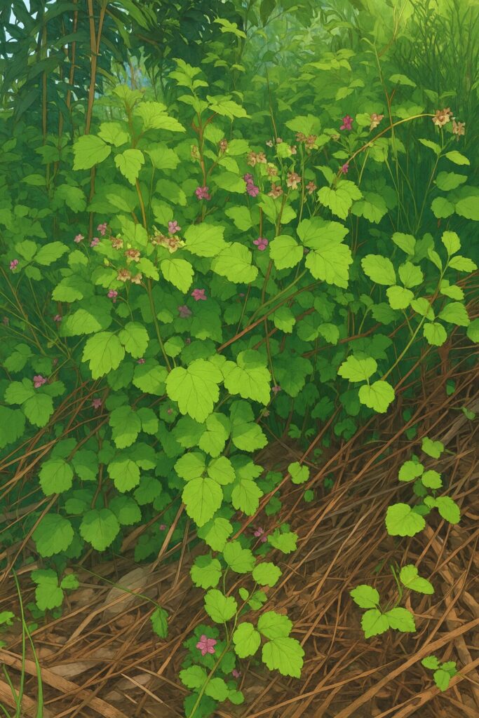 野原に広がるナワシロイチゴの群生を描いた自然風景イラスト