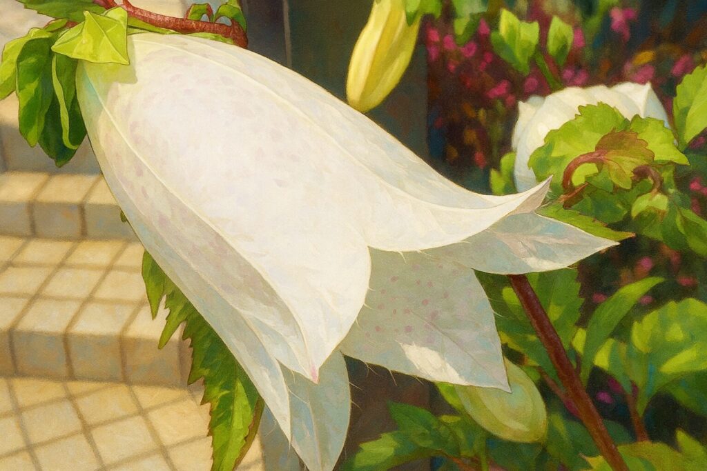 白いホタルブクロの花を横から描いたリアルな植物イラスト