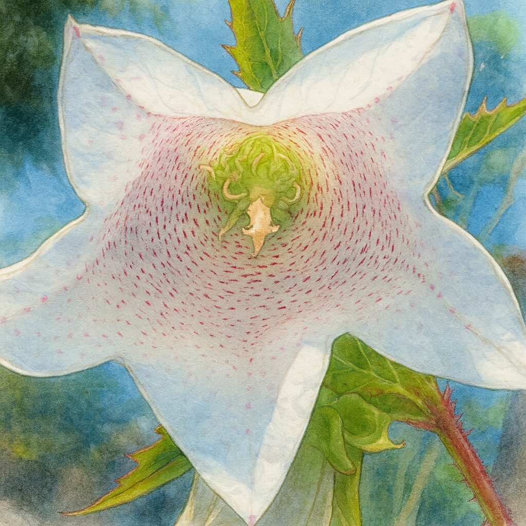 白いホタルブクロの花を正面から描き内部の斑点模様を表現した植物イラスト