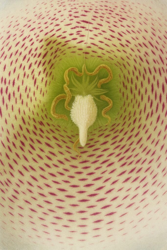 白いホタルブクロの花の内部を精密に描いた植物イラスト