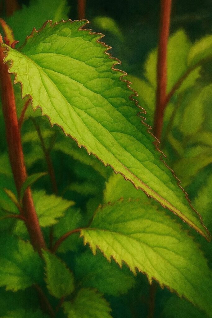 ホタルブクロの鋸歯状の葉を詳細に描いた植物イラスト