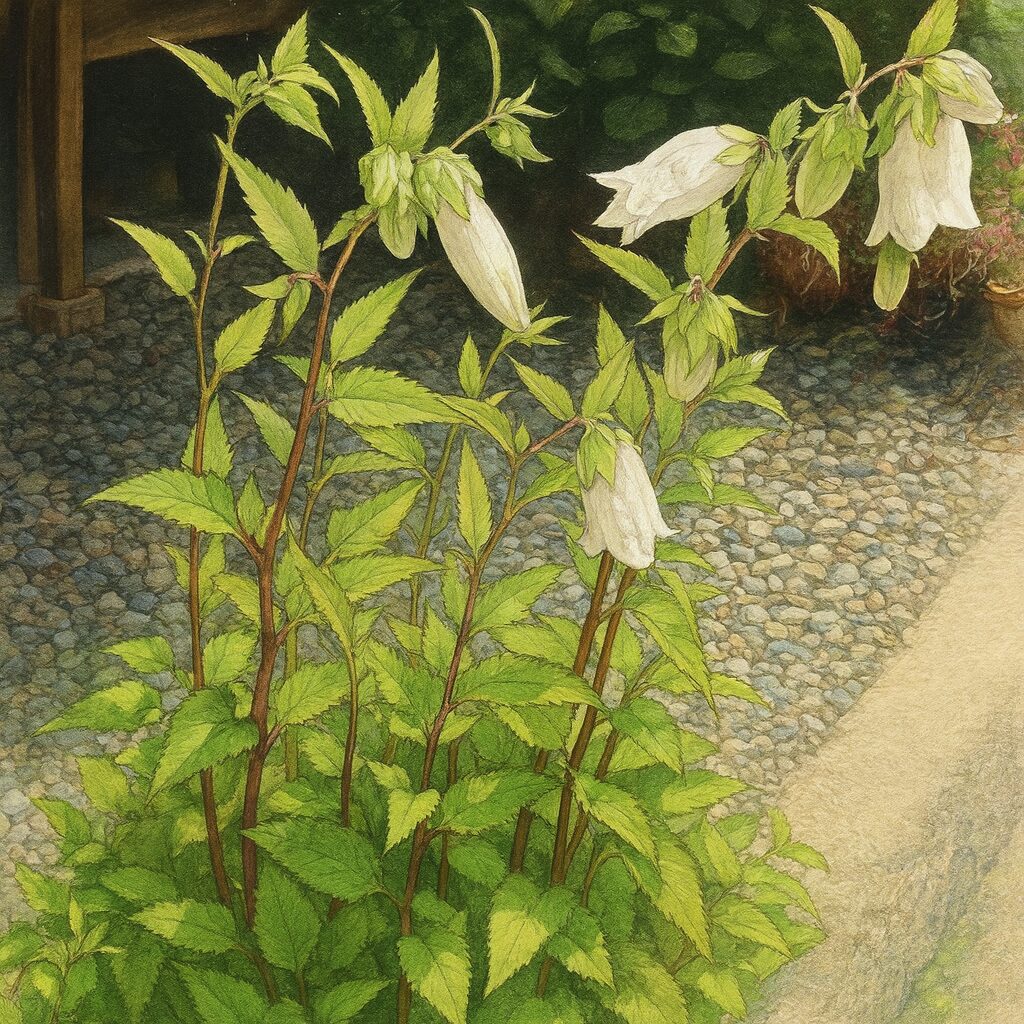 庭に咲くホタルブクロ全体を描いたリアルな植物イラスト