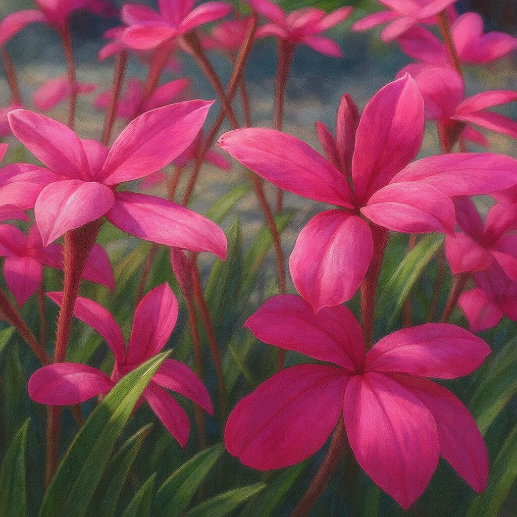 群生して咲く鮮やかなアッツザクラの花々のイラスト