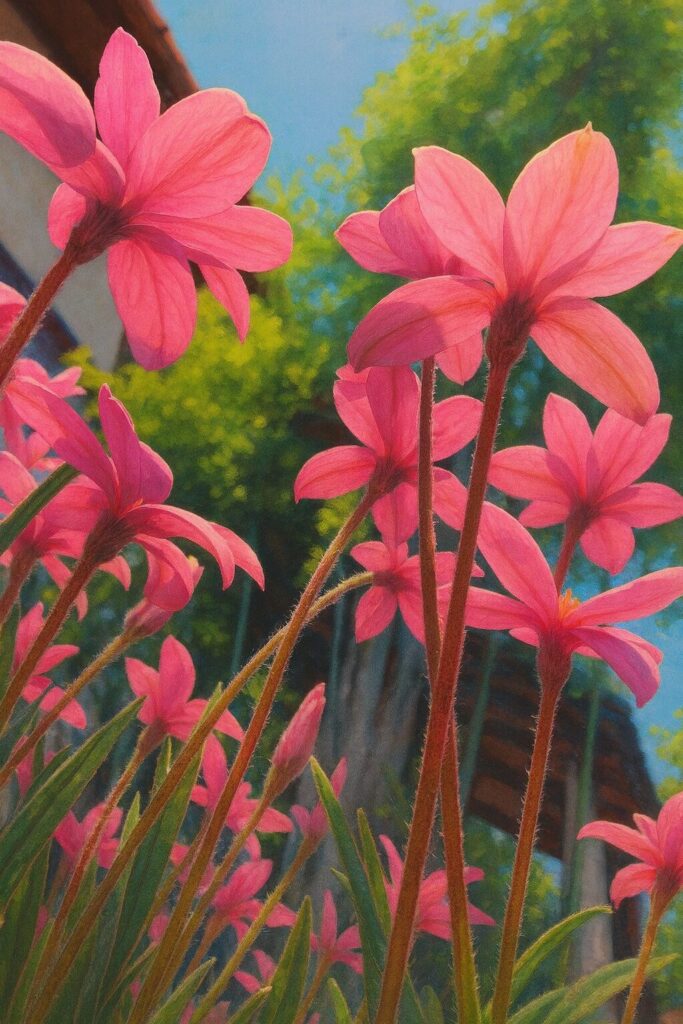 下から見上げたアッツザクラと青空のイラスト