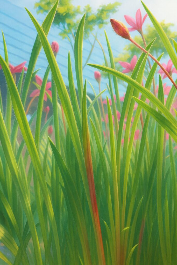 葉の間から見えるアッツザクラのつぼみと花のイラスト