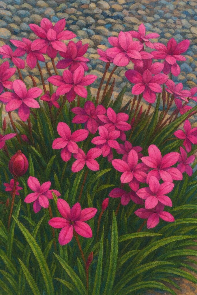 鉢植えで満開に咲くアッツザクラと緑の葉のイラスト