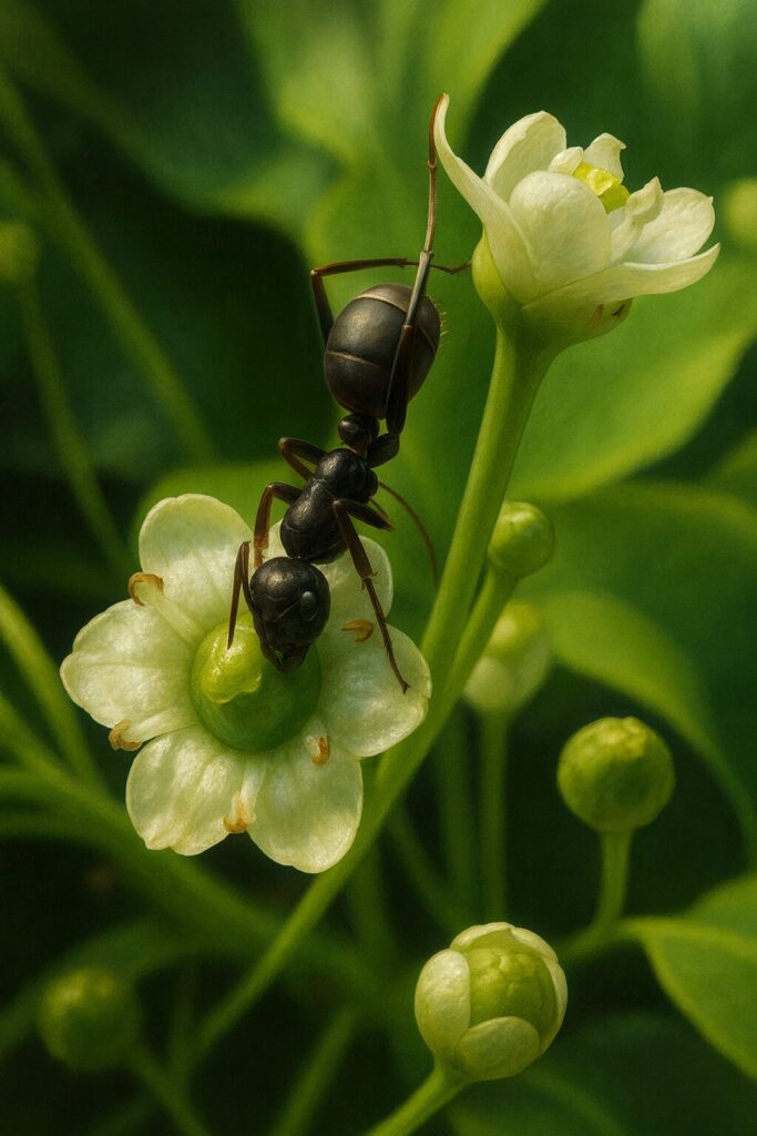 ソヨゴの白い花と黒アリの訪花を描いたリアルな植物イラスト