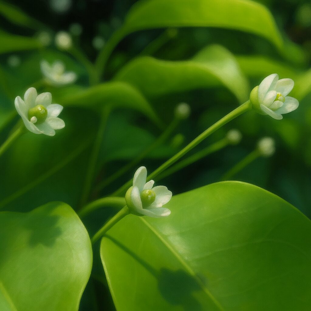 ソヨゴの複数の白い花とつぼみを描いたボタニカルイラスト