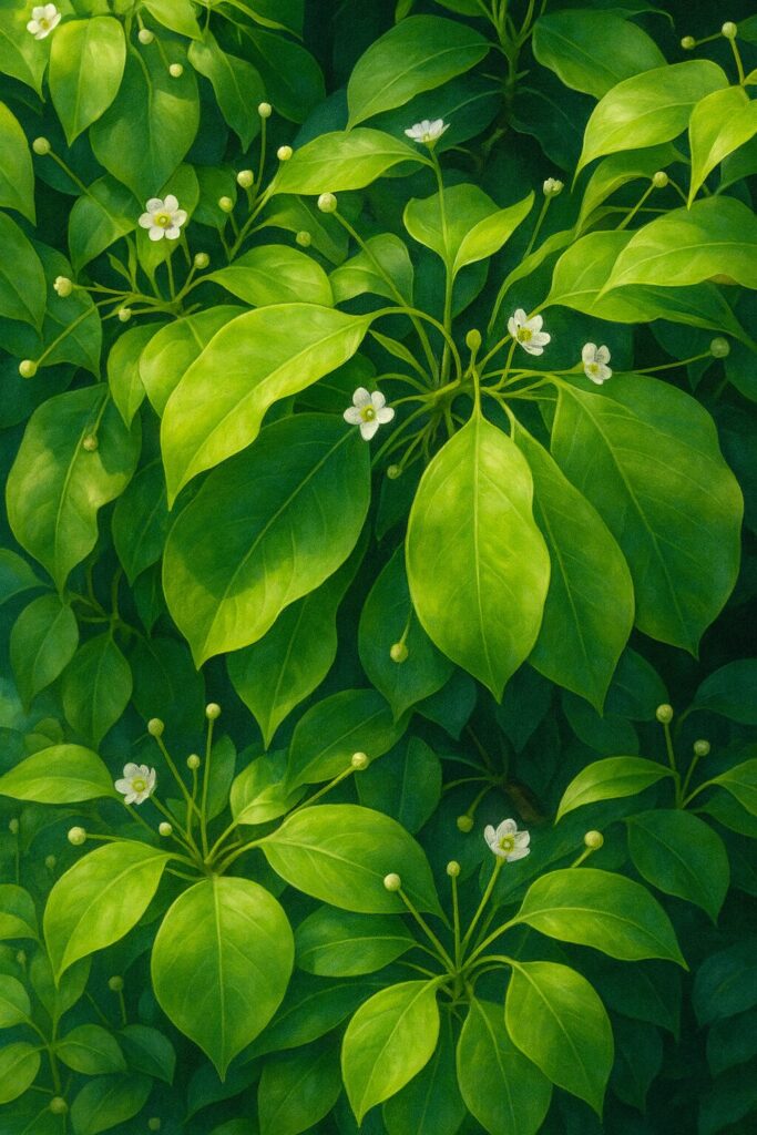 ソヨゴの若葉と小花が茂る枝葉全体を描いたボタニカルアート