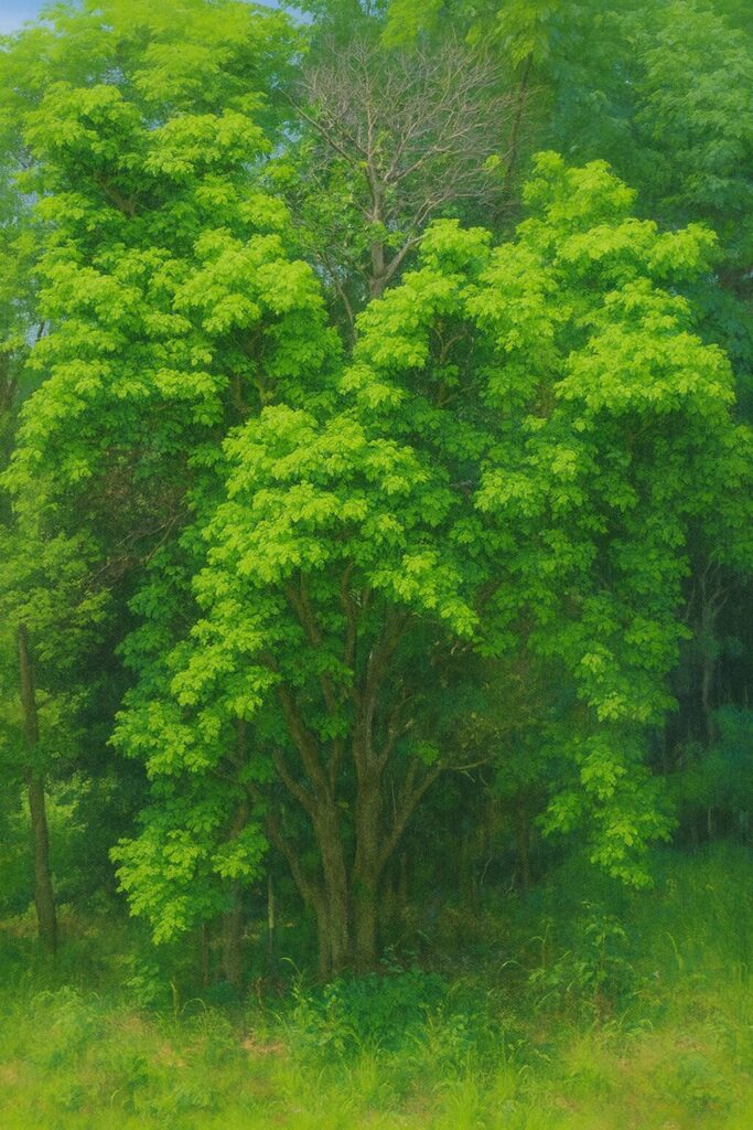 ソヨゴの樹形を全体的に描いたリアルな植物画