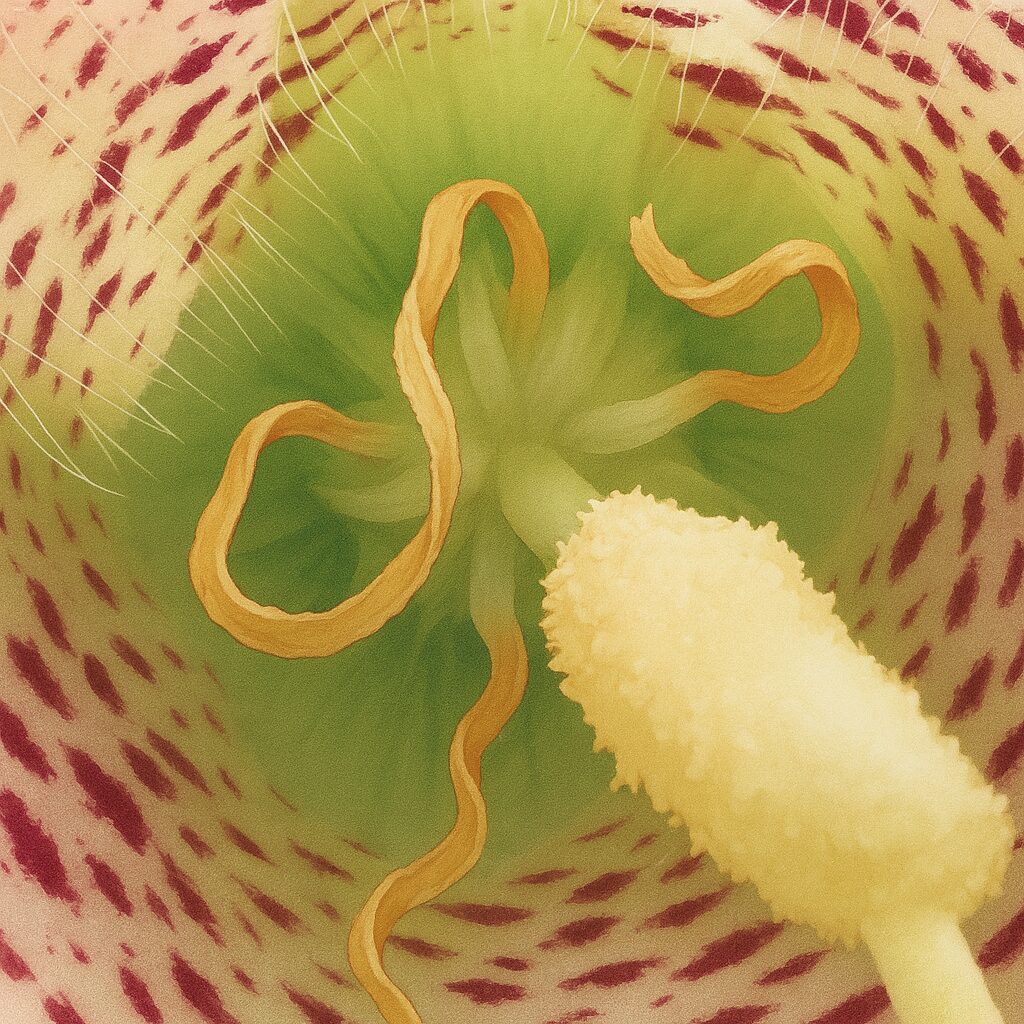 白いホタルブクロの雌しべと雄しべを詳細に描いた植物イラスト