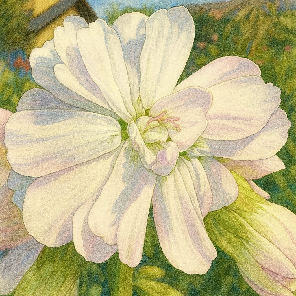 白く可憐に咲くサボンソウの花を精密に描いた植物イラスト