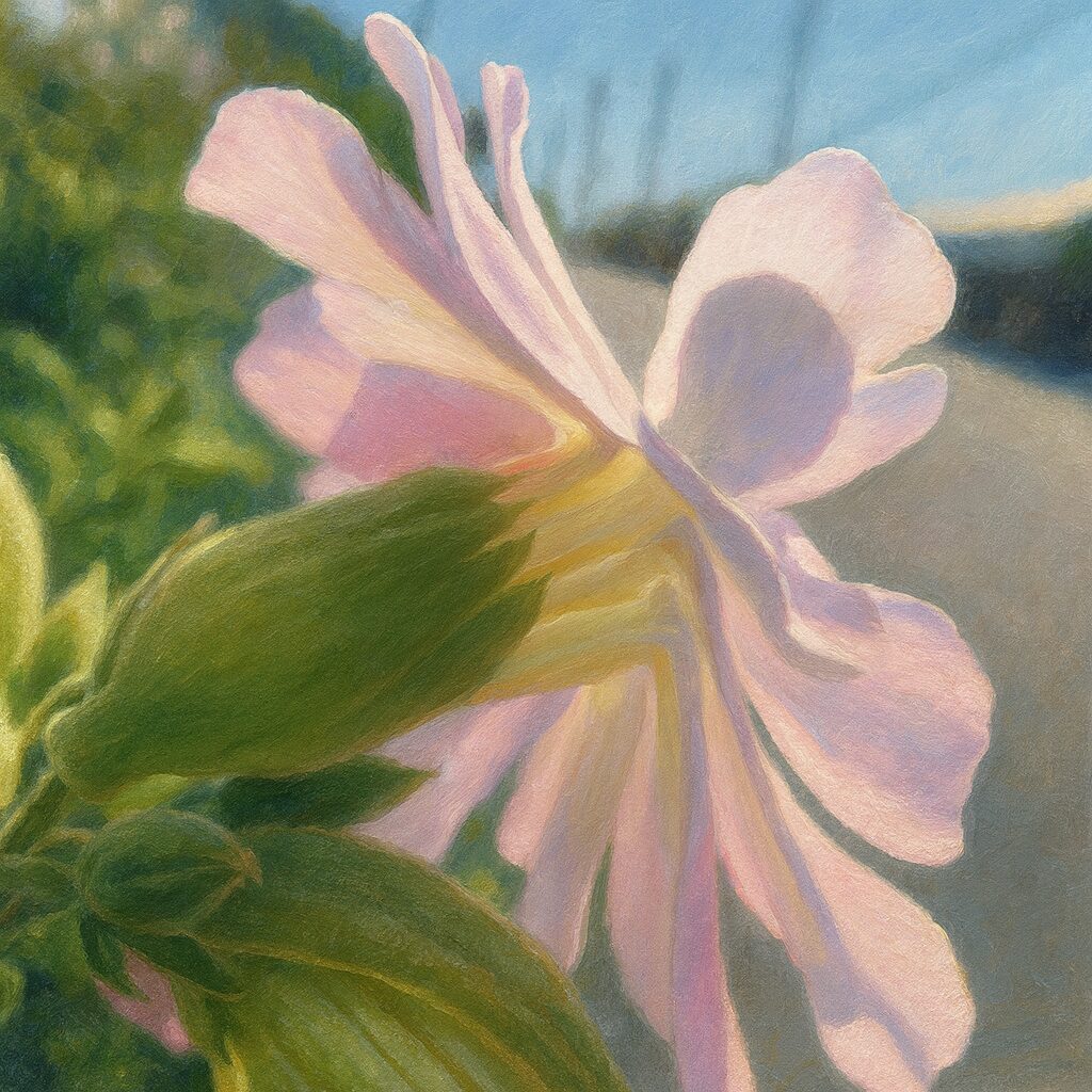 日差しに透ける白いサボンソウの後ろ姿と蕾を描いた植物画