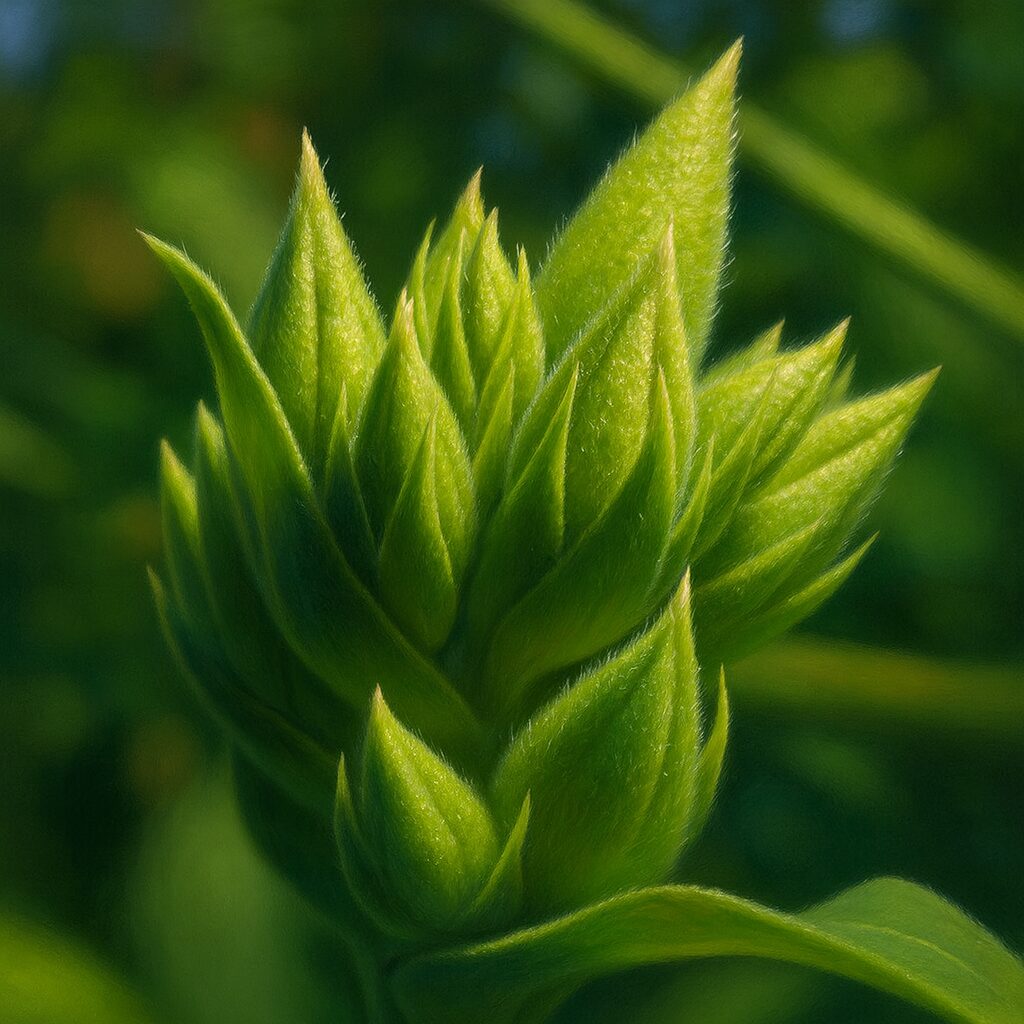緑色の萼に包まれたサボンソウの蕾を細密描写した植物画