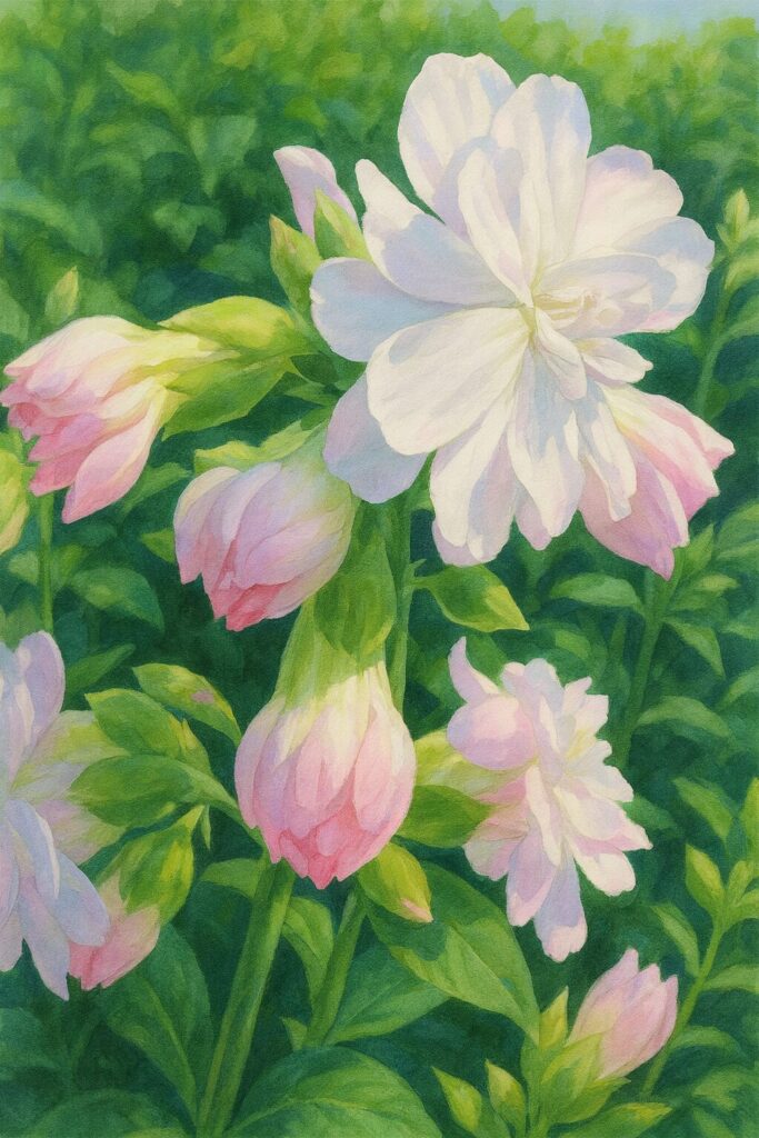 満開のサボンソウと複数の蕾を描いた華やかな植物イラスト