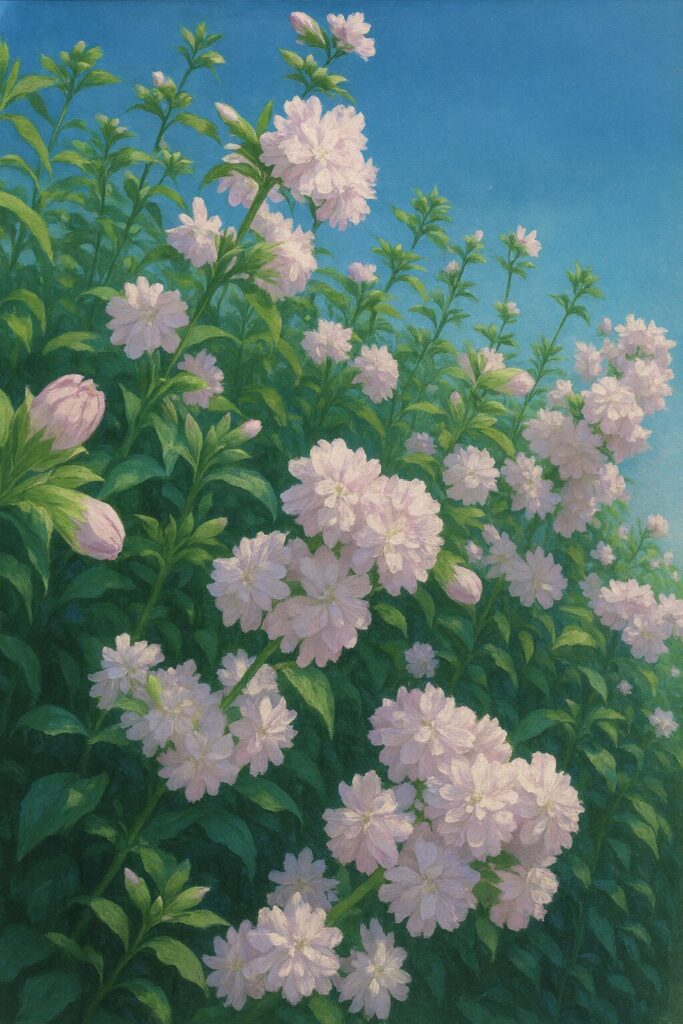 青空に向かって咲く群生したサボンソウを描いた風景画