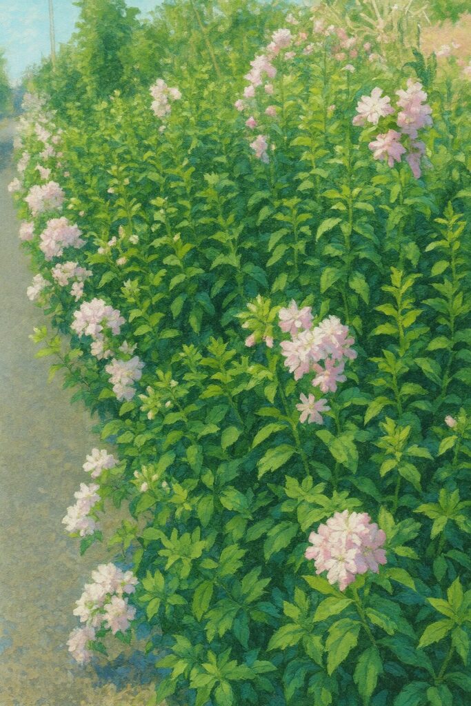 道路沿いに群生する淡いピンク色のサボンソウを描いたイラスト