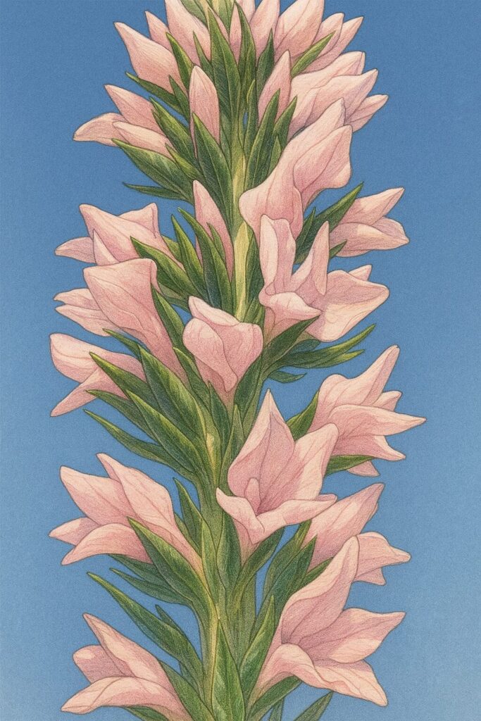 青空を背景にピンク色の花穂を立ち上げたベロニカのリアルな植物イラスト