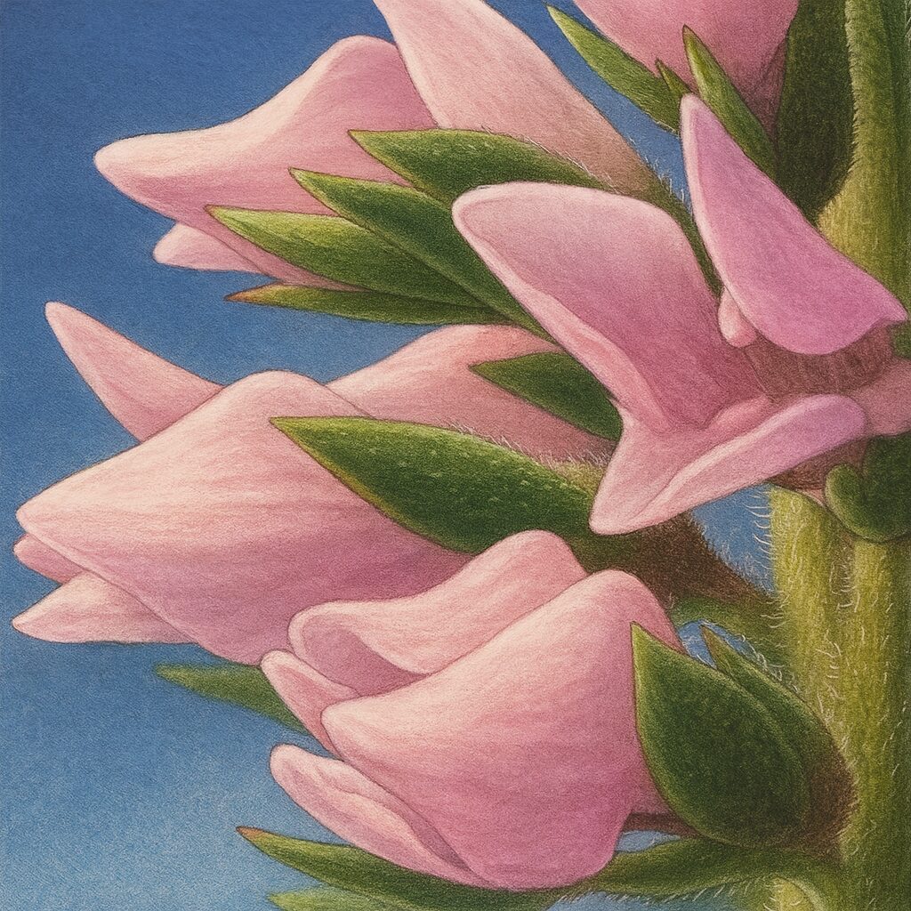 ピンク色の花が密集して咲くベロニカの花穂を描いた精密イラスト