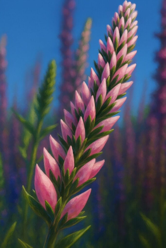 満開に近いベロニカの花穂を青空の下で描いた鮮やかな植物イラスト