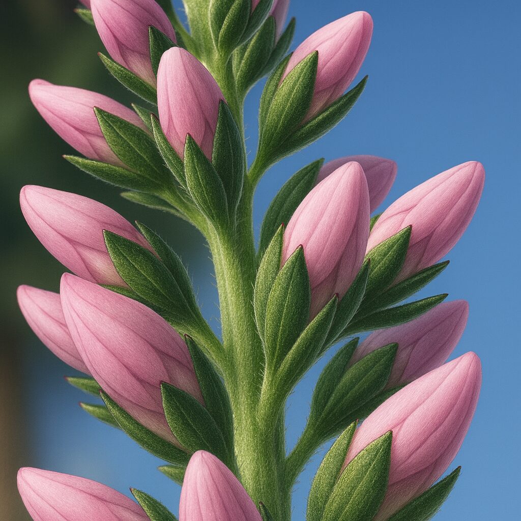 つぼみが開きかけたベロニカのピンク色の花を細密に描いた植物イラスト