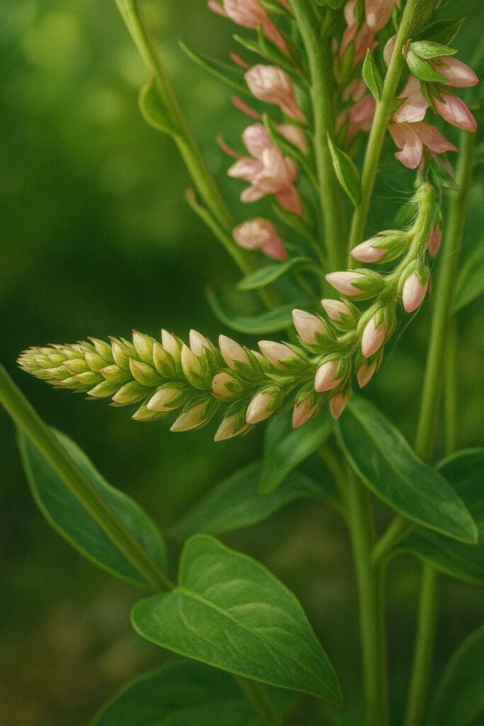 日差しを受けて輝くベロニカの緑の葉と茎をリアルに描いた植物イラスト