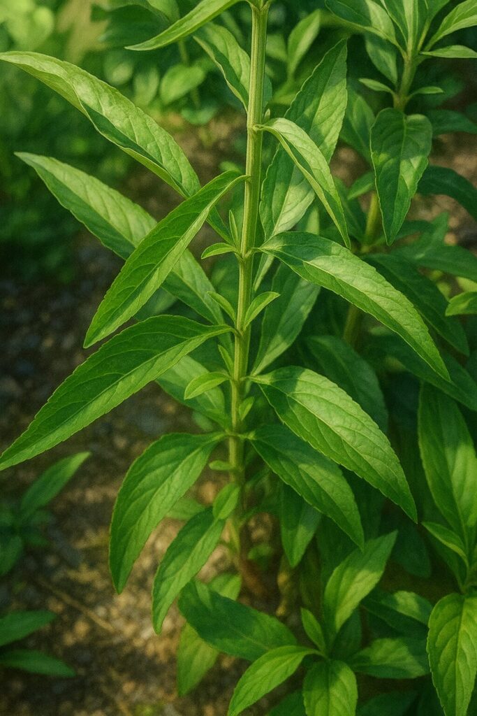 青空に向かって伸びる複数のベロニカの花穂を描いた美しい植物イラスト