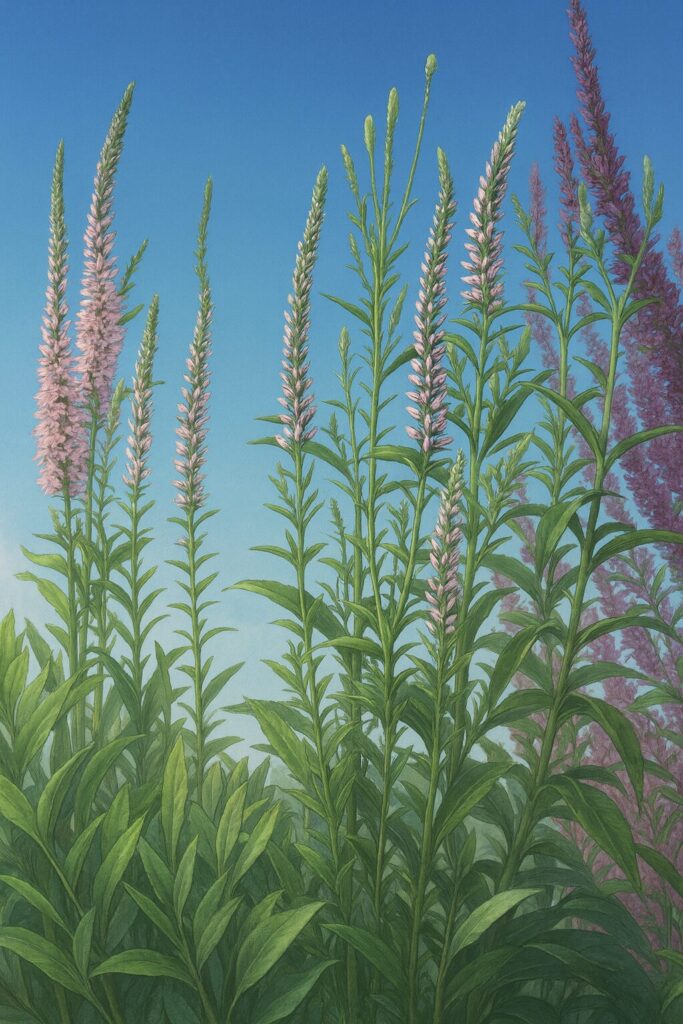 庭で群生するベロニカの花穂と葉を真夏の青空の下で描いた植物イラスト