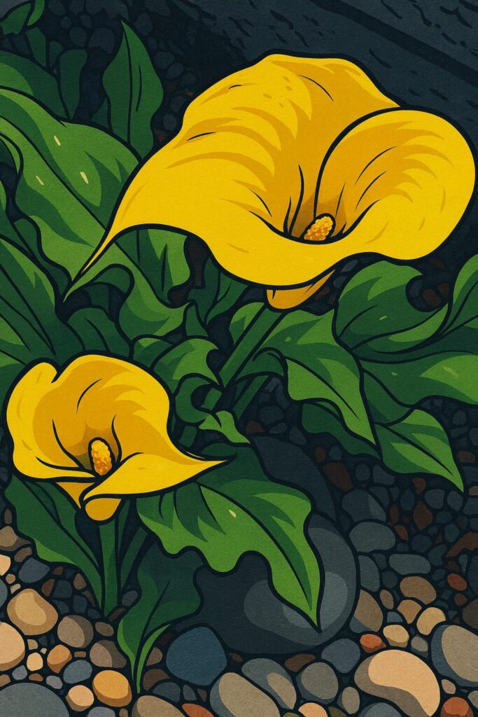 二輪の黄色いカラーを上から見下ろす構図のイラスト