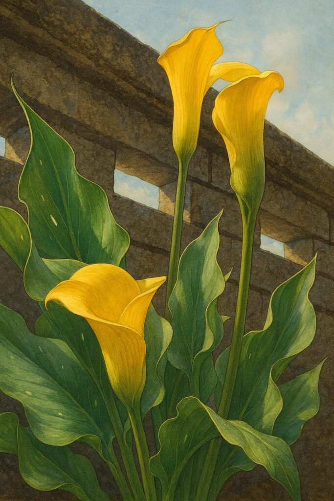 石垣を背景に二輪のカラーを描いたボタニカルアート風イラスト